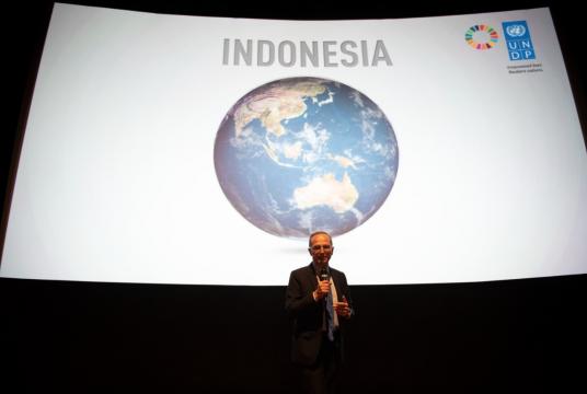 United Nations Development Program (UNDP) Indonesia resident representative Christophe Bahuet speaks during the launch of the UNDP's latest Human Development Report in Jakarta on Tuesday. (Photo courtesy of/UNDP)