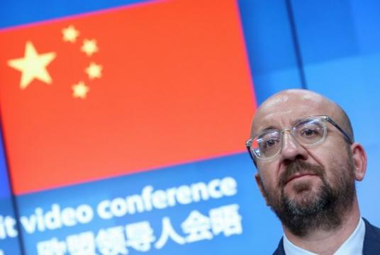 European Council President Charles Michel and European Commission President (not seen) attend a news conference following a virtual summit with Chinese President in Brussels, on June 22, 2020. (Pool/AFP/Yves Herman ) 