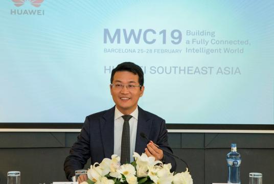 James Wu, president of Huawei Southeast Asia, explains about the firm’s success stories and prospects for the region at the Mobile World Congress2019 held in Barcelona, Spain 