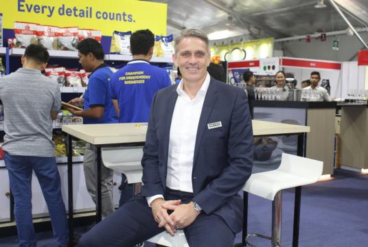 Jens Michel, chief executive of METRO Wholesale Myanmar, at the firm's booth at Food and Hotel Myanmar 2019 in Yangon (Photo-Khine Kyaw, Myanmar Eleven)