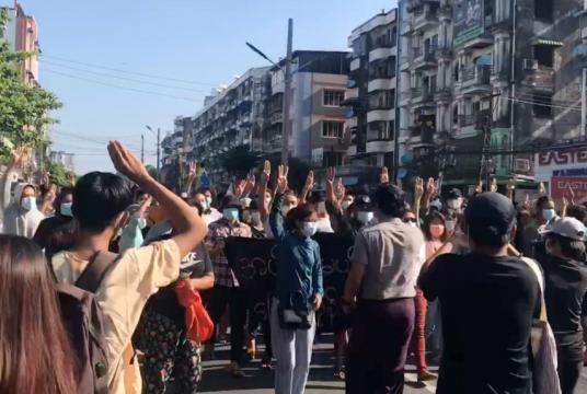 People protest in Hlaing Township, Yangon, in Myanmar, on May 2, 2021. PHOTO: REUTERS