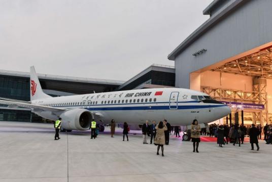 A Boeing 737 MAX 8 airplane delivered to Air China during a ceremony at Boeing Zhoushan 737 Completion and Delivery Center in Zhoushan, in China's eastern Zhejiang province. PHOTO: AFP