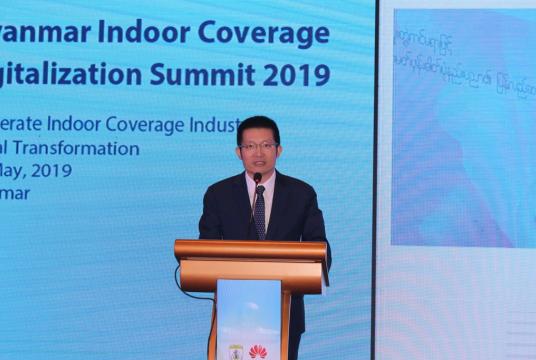 Liman Zhang, chief executive of Huawei Myanmar, at the “Myanmar Indoor Coverage Digitalisation Summit 2019” in Yangon (Photo- Khine Kyaw, Myanmar Eleven)