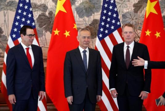 (From left) US Treasury Secretary Steven Mnuchin, Chinese Vice Premier Liu He and US Trade Representative Robert Lighthizer arrive for a group photo session after concluding their meeting at the Diaoyutai State Guesthouse in Beijing on May 1, 2019. PHOTO: AFP