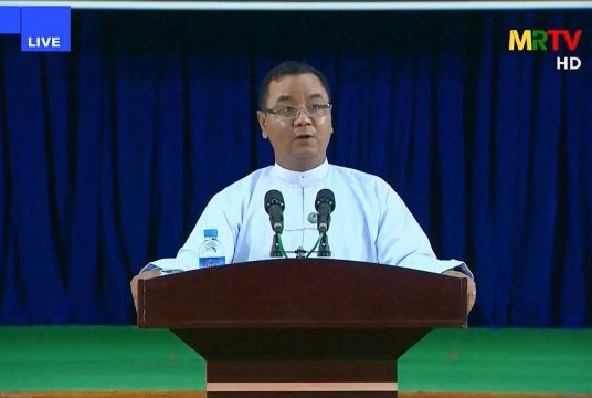 This screengrab provided via AFPTV and taken from a broadcast by Myanmar Radio and Television (MRTV) in Myanmar on March 23, 2021 shows spokesman Brigadier General Zaw Min Tun speaking during a news conference held by the military government in Naypyidaw, following widespread protests in the country after the February 1 military coup. (AFP/Handout)