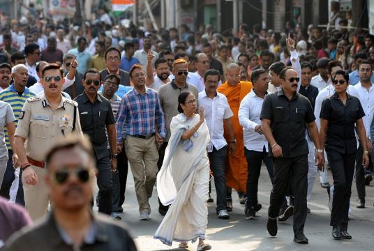 West Bengal Chief Minister and Trinamool Congress supremo Mamata Banerjee leads the "Say No To CAA And NRC" protest rally in Kolkata. (Photo: IANS) 