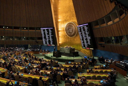 Screens displaying the vote count at the UN's headquarters in New York City on Feb 23, 2023. PHOTO: AFP