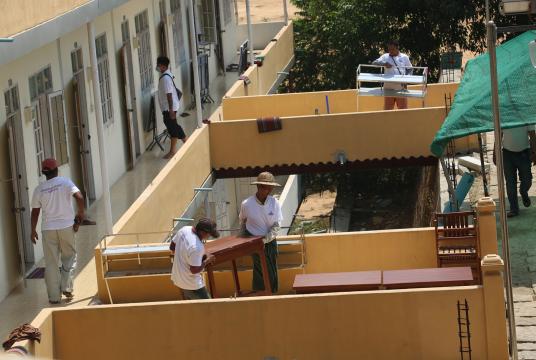 Dhama Duta Hsekeinda Yama monastery building under preparation for receiving returnees from abroad for quarantine (Photo-Myo Htet Paing)  