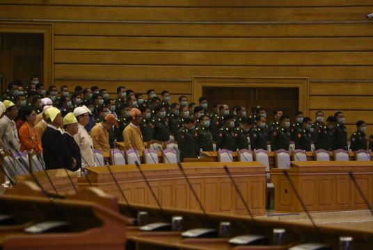 Military MPs seen wearing masks in a parliamentary session on March 4 (Photo-Pyae Phyo  Aung)