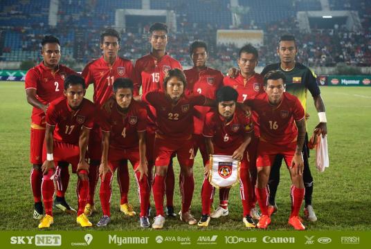 Myanmar national men’s football squad had a group photo taken after the friendly match against Bolivia. (MFF)