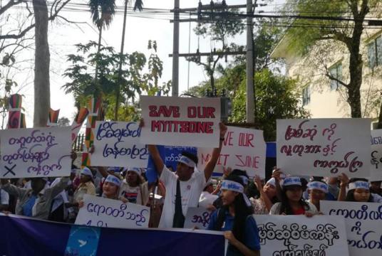 CSO members stage a protest in Pathein Township on January 28 demanding the total halt to Myitsone project.