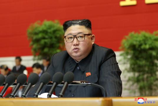 North Korean leader Kim Jong-un speaks during the second day of the eighth congress of the ruling Workers' Party in Pyongyang last Wednesday, in this photo released by the North's official Korean Central News Agency the next day. North Korea has launched the rare party congress, the first in nearly five years, amid expectations Pyongyang will unveil its policy directions on the economy and foreign affairs in the face of stalled denuclearization negotiations. (KCNA-Yonhap)