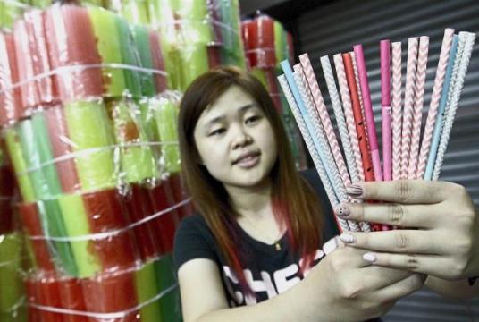Candy Loh, 25, comparing paper straws to plastic straws at a wholesale shop at Lebuh Presgrave in George Town./The Star