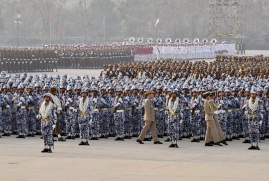 Vice-Senior General Soe Win inspects parade columns at the parade of the 74th Anniversary Armed Forces Day (Photo-the Office of the Commander-in-Chief of Defence Services)  