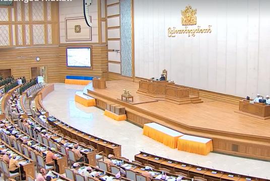 Military representatives object to the proposal to form joint committee for constitutional amendment at the regular session of the Union Parliament in Nay Pyi Taw on January 29. 