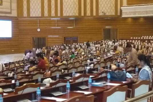 The parliamentarians were seen during a break at regular session of Lower House in Nay Pyi Taw on March 7.