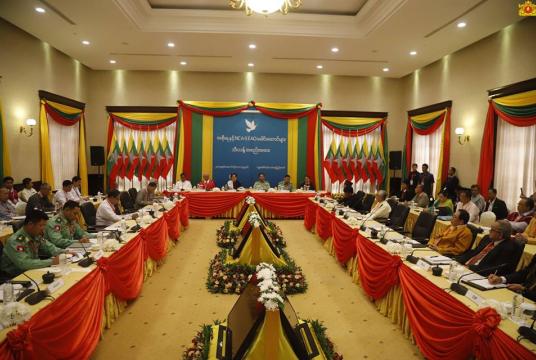 The special meeting between the Government and Nationwide Ceasefire Agreement Signatory Ethnic Armed Organizations at the third anniversary of signing the Nationwide Ceasefire Agreement (NCA) is in process at Shwe San Ein Hotel in Nay Pyi Taw on October 15.