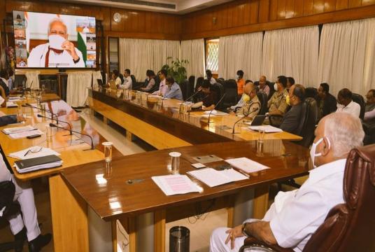 Karnataka Chief Minister BS Yediyurappa and his cabinet members attending the video conference chaired by Prime Minister Narendra Modi on COVID-19. (Photo: Twitter | @BSYBJP)