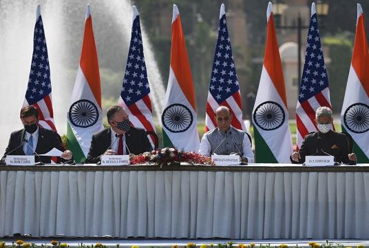 (L-R) US Secretary of Defense Mark Esper, US Secretary of State Mike Pompeo, India's Defence Minister Rajnath Singh and India's Foreign Minister Subrahmanyam Jaishankar attend a joint press briefing in the lawns of Hyderabad House in New Delhi on October 27, 2020. (Photo by Money SHARMA / AFP) 