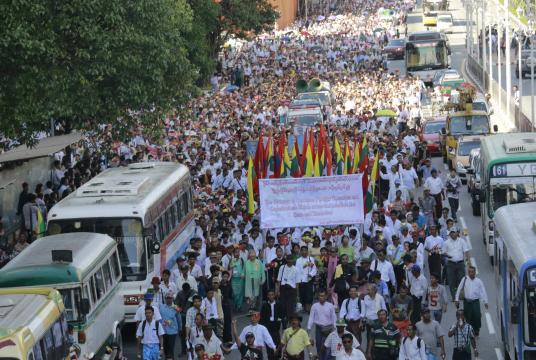 Tens of thousands of people stage protest against foreign countries and international organizations putting pressure on State and Tatmadaw in Yangon on October 14. 