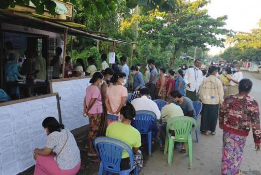 Voters waiting to vote on Election Day in Sittway, Rakhine State 