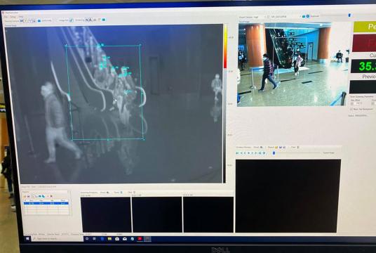 Thermal scanner being operated to take the temperature of passengers at Yangon International Airport (Photo-Ministry of Health and Sports) 