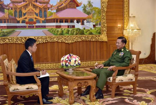 Asahi Shimbun news agency interviews Senior General Min Aung Hlaing for Rakhine issue. (Photo-Office of Commander-in-Chief of Defence Services)