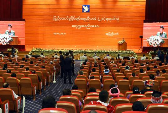 Senior General Min Aung Hlaing speaks at the opening of fourth round of the Union Peace Conference-the 21st Century Panglong Conference held in Nay Pyi Taw on August 19