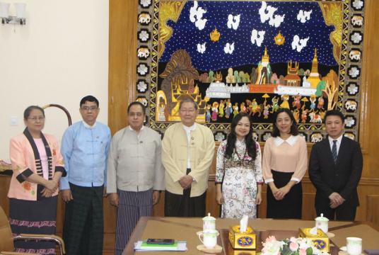 Soe Win, Union minister for planning and finance (centre), receives Vietnamese Ambassador Luan Thuy Duong and team in April 2019 (Photo- Ministry of Planning and Finance)