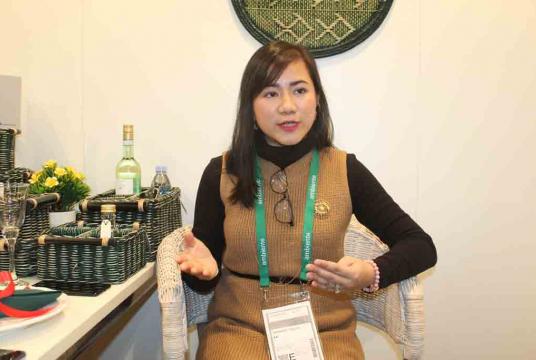 Photo- StellabethSwezin Le, director of business development at Bella Interiors Co, at an interview during the Ambiente19 held in Frankfurt, Germany (Photo- KhineKyaw, Myanmar Eleven)
