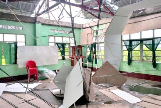 Photo Caption- The roof of a school building in Kalawthaut village, Mudon Township, seen blown off due to strong wind 