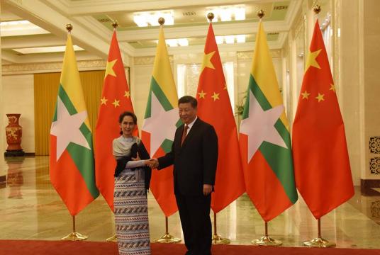 State Counsellor Daw Aung San Suu Kyi shakes hands with Chinese President Mr Xi Jinping at Great Hall of the People in Beijing, China. (Photo-State Counsellor Office)