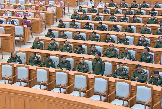 Tatmadaw representative Brig-Gen Maung Maung objects to the proposal to form a joint committee of constitutional amendment at the parliament on January 29. 