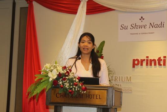 Thet Su Hlaing, managing director of Su ShweNadi Trading and Consultancy Co, at Messe Düsseldorf, at a public event in Yangon (Photo- KhineKyaw, Myanmar Eleven)