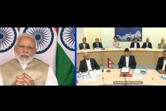 Both prime ministers switched on the pipeline from their respective offices in Singha Durbar, Kathmandu and Hyderabad House, New Delhi via videoconferencing. Screengrab via Youtube