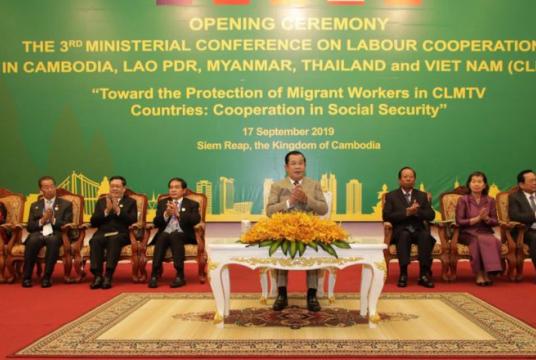 Hun Sen attends the 3rd Ministerial Conference on Labour Cooperation in CLMTV in Siem Reap on Tuesday. HUN SEN’S FACEBOOK PAGE