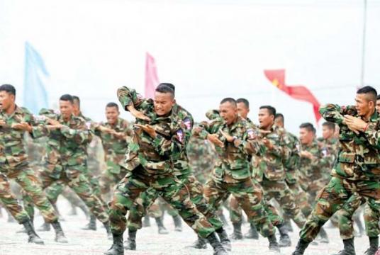 Cambodian troops during military exercises with China in Kampong Speu province last year. Heng Chivoan