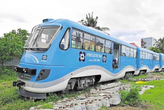 This sleek, light blue hybrid electric train is expected to join the regular fleet of the Philippine National Railways in April. —Krixia Subingsubing