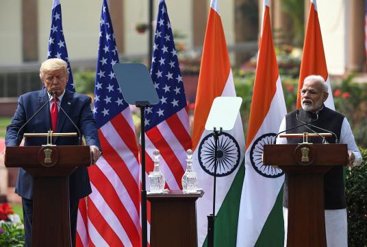US President Donald Trump speaks as Prime Minister Narendra Modi listens during a joint press conference at Hyderabad House in New Delhi on February 25, 2020. (Photo: AFP) 