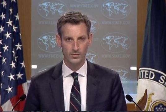 The captured image from the website of the US Department of State shows department spokesman Ned Price speaking in a daily press briefing at the department in Washington on Tuesday. (US Department of State)
