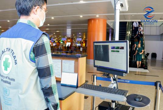 Health authorities screening passengers arriving at Yangon International Airport 