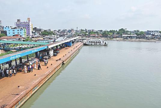 Barishal terminal wears a deserted look as launches remain off the routes after water transport workers enforced a countrywide work stoppage yesterday to press for their 11-point demand. Photo: Titu Das/Palash Khan