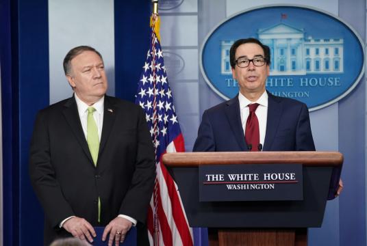 US Secretary of State Mike Pompeo and Treasury Secretary Steven Mnuchin announce new sanctions on Iran in the Brady Press Briefing Room of the White House in Washington, January 10, 2020. [Photo/Agencies]