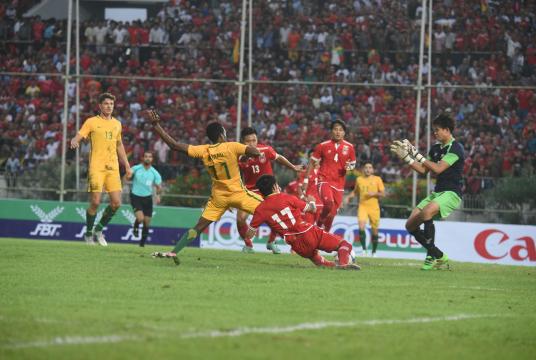 Myanmar plays against Australia in the qualifier match of 2018 Asian U-23. (Photo-Nyi Nyi Soe Nyunt)
