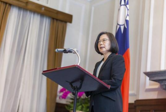 Taiwanese President Tsai Ing-wen speaking at a ceremony for promoting military officers in Taipei, on April 1, 2019.PHOTO: EPA-EFE