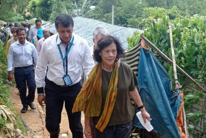 Dr Heyzer (centre) visits a Rohingya refugee camp in Bangladesh in August 2022. PHOTO: AFP