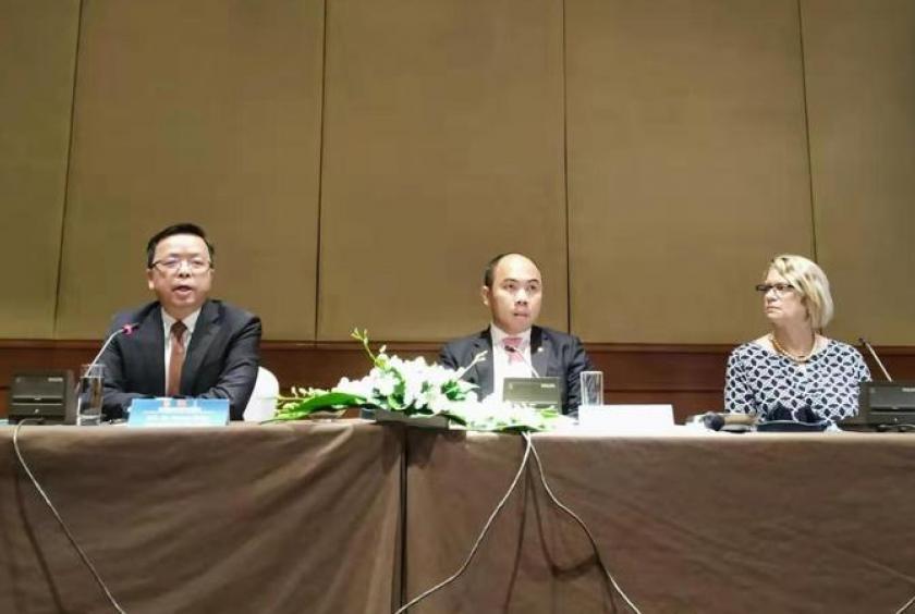 Kung Phoak, ASEAN's deputy secretary-general for ASEAN Socio-Cultural Community, answers questions on Hong Kong and ASEAN development at a news briefing after a session on sustainable development goals in Hanoi on Sept 4. (PRIME SARMIENTO / CHINA DAILY)