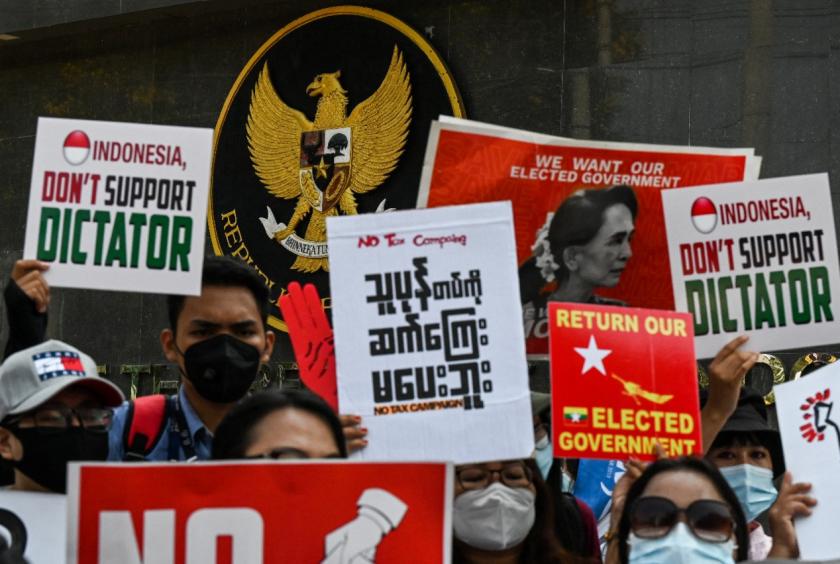 : Protesters in Yangon, Myanmar, demonstrate against the military coup for a second day in front of the Indonesian Embassy on Wednesday, Feb. 24, 2021. (AFP/Ye Aung Thu)