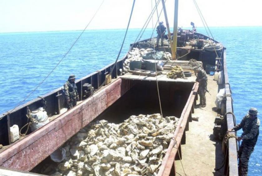A Philippine Navy photo released in April 2012 by the Department of Foreign Affairs shows Filipino troops inspecting a Chinese fishing vessel loaded with giant clams after it was intercepted off Panatag (Scarborough) Shoal. The DFA on Tuesday said Chinese poachers were again caught engaging in destructive activities in the shoal recently, prompting Manila to send a diplomatic note to Beijing. —PHOTO COURTESY OF DFA
