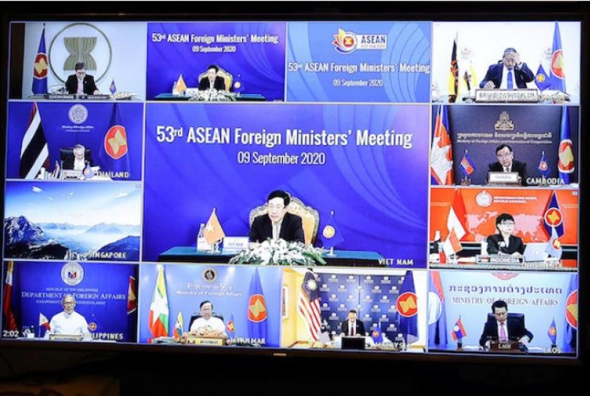 Vietnamese Deputy Prime Minister and Foreign Minister Pham Binh Minh chairs a video meeting with foreign ministers from ASEAN countries in Hanoi, Vietnam, on Sept. 9. (Asean Vietnam 2020/Reuters/-)